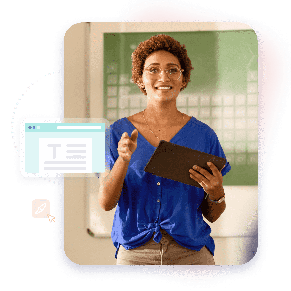 Teacher in classroom explaining lesson with tablet